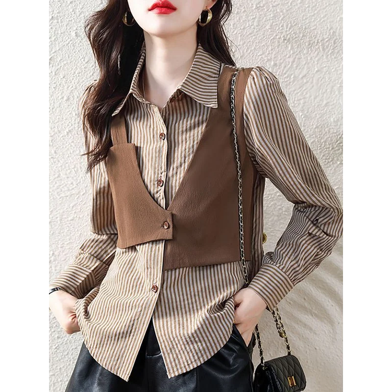 

Striped Shirt Women's Outfit Spring Autumn Winter New Fake Two-piece Fashionable Top Long Sleeves