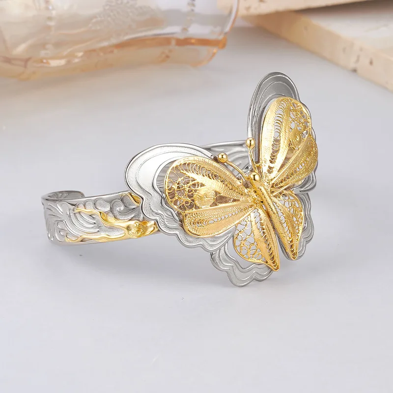 S925 Sterling Silver Bracelets for Women Contrast Colored Hollow Flowers Filigree Wire Inlay Bangle Fashion Jewelry Wholesale