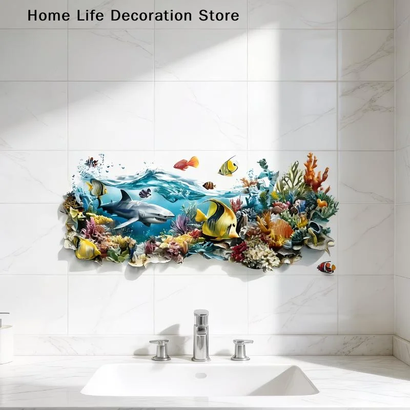 【H】Ocean Fish Sink Area Background Wall Sticker Bathroom Wall Decoration Self-Adhesive Removable Waterproof Creative Sticker