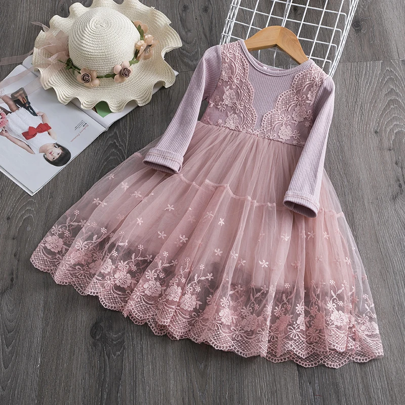 Girls Spring Summer New Dress Lace Tutu Flower Party Dress Kids Mesh Long Sleeve Holiday Casual Clothing Birthday Vestidos 3-8T