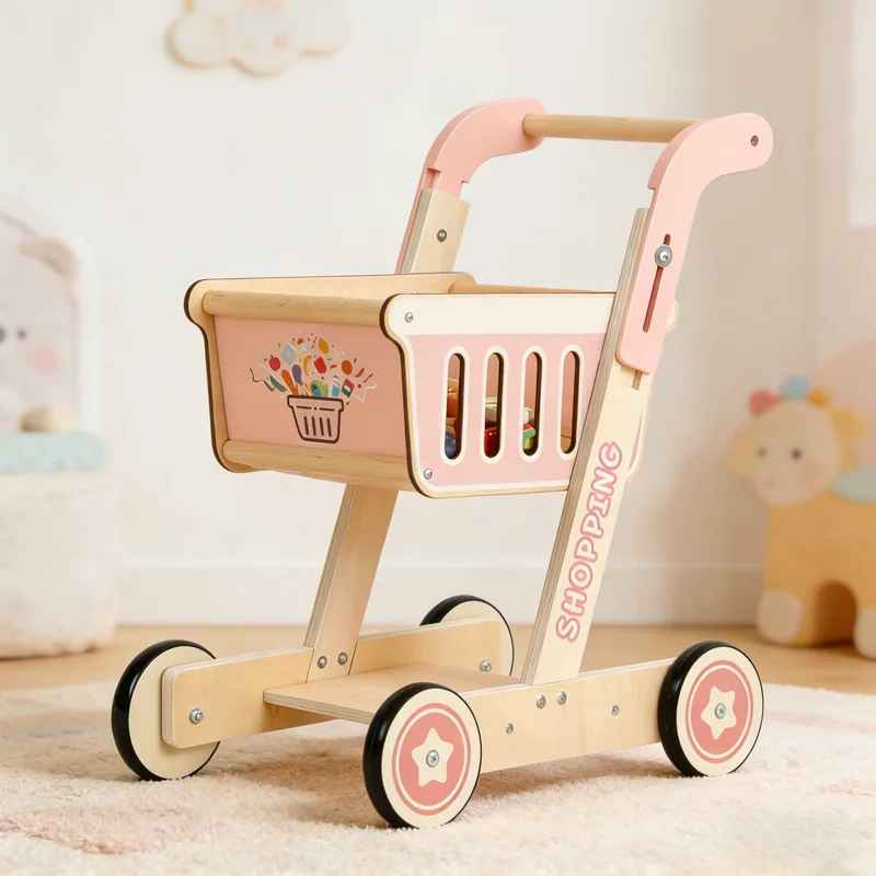 Wooden Pink Shopping Cart Toddler Pretend Play Toy for Home & Kindergarten