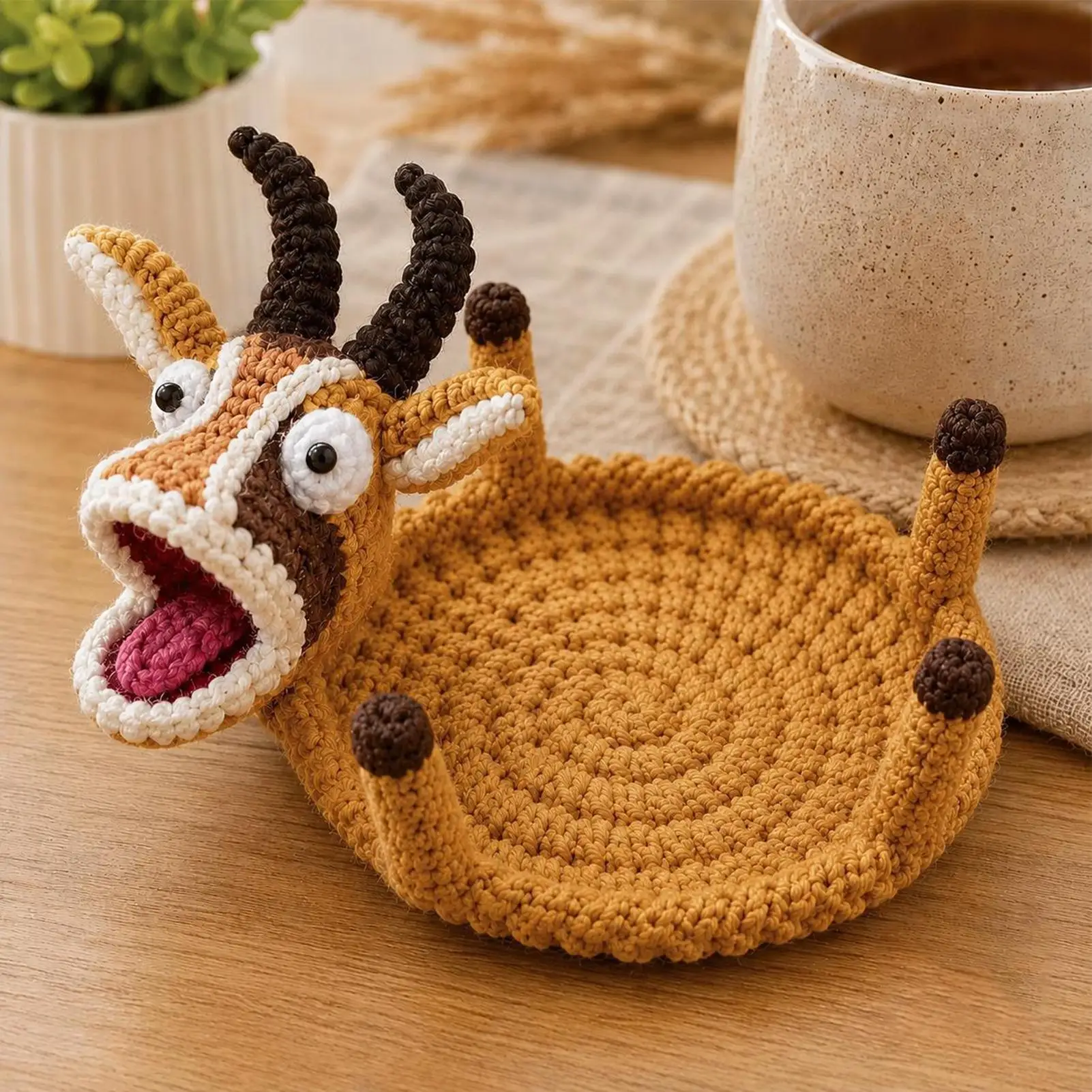 Funny Crochet Coasters Handmade Heat Resistant Non-Slip Cute 3D Animal Drink Coasters for Holiday Home Winter Kitchen Office