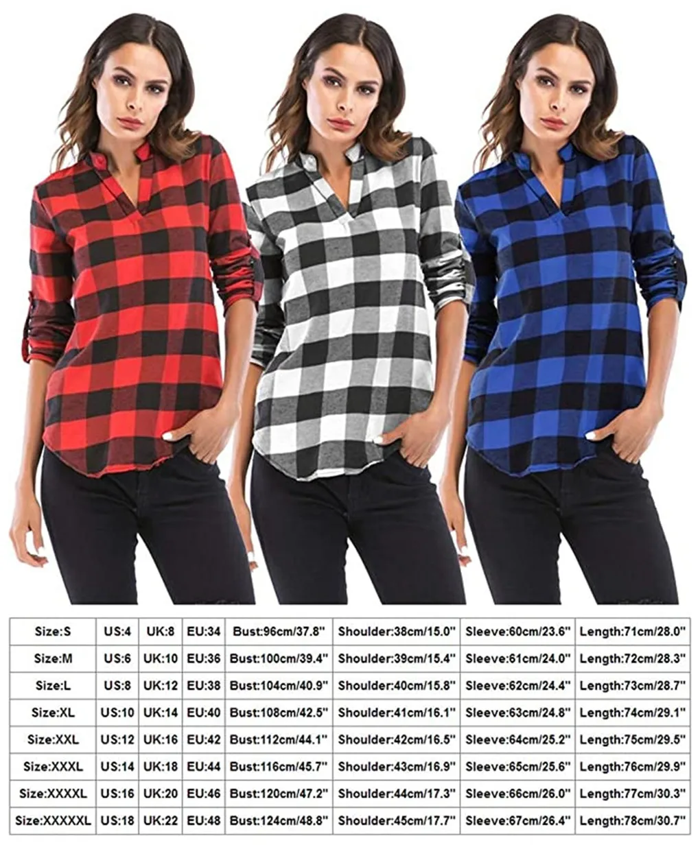 MisShow Slim Women\'s Pullover Plaid Shirts Plus Size 5XL Casual V Neck Blouse Cuffed Long Sleeve Camisas Tops Tunic Shirt