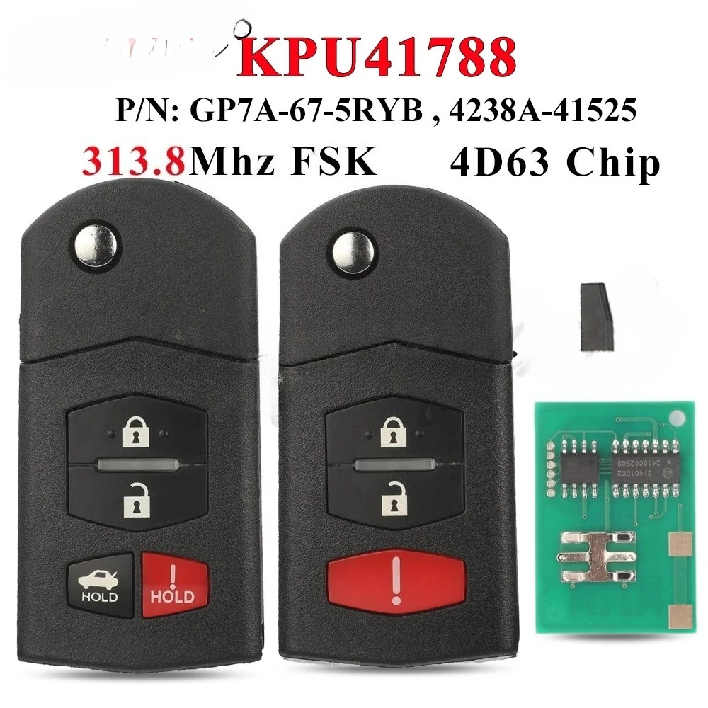 

313,8 МГц FSK 3/4 кнопки откидной дистанционный автомобильный ключ KPU41788 для Mazda 6 2006 2007 2008 314/315 МГц 4D63 чип авто брелок управления
