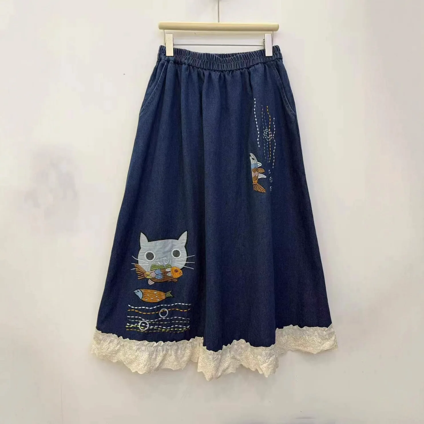 Japanese Vintage Mori Girl Cartoon Cat Fish Embroidery Denim Skirts Women Autumn Elastic Waist Casual Loose Jeans A-Line Skirt