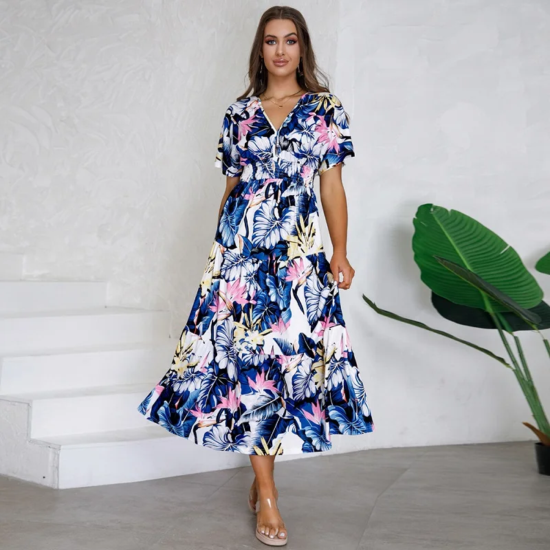 

Women Fashion Short Sleeve Sexy V-Neck Slim Bohemian Print Dress Popular Printed Summer Dress Women 2023 платье женское Vestidos