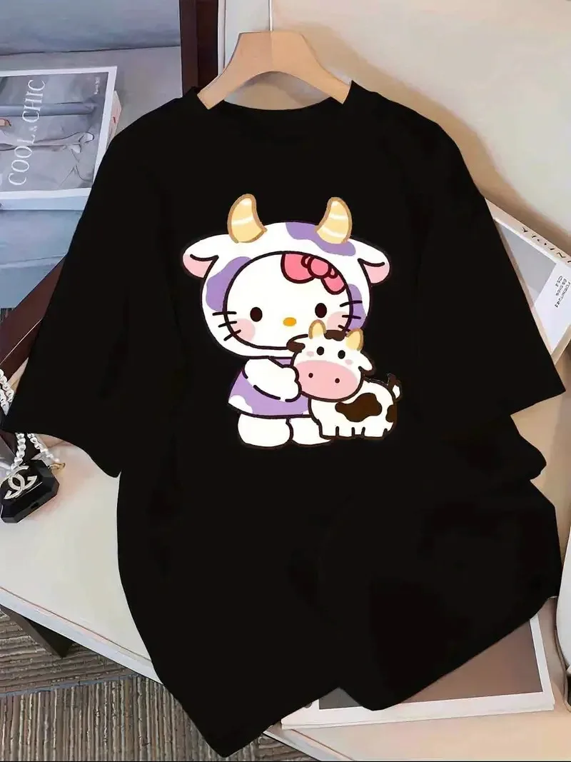 

Hello Kitty Cow Costume Print Cotton T Shirt Cute Cartoon Character with Little Cow Brand Streetwear Print New Arrival Tee S-4XL