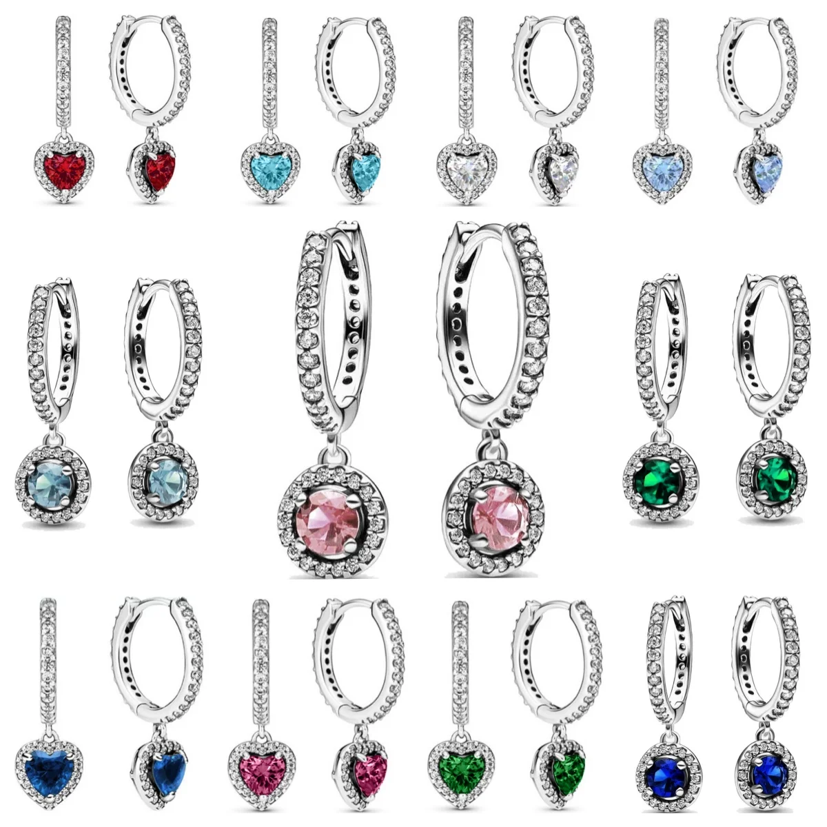 2024 Original Round-Shaped 925 Sterling Plated Silver Red&Pink&Blue&White Hangle Heart Earring Lover's Holiday Gift Jewelry