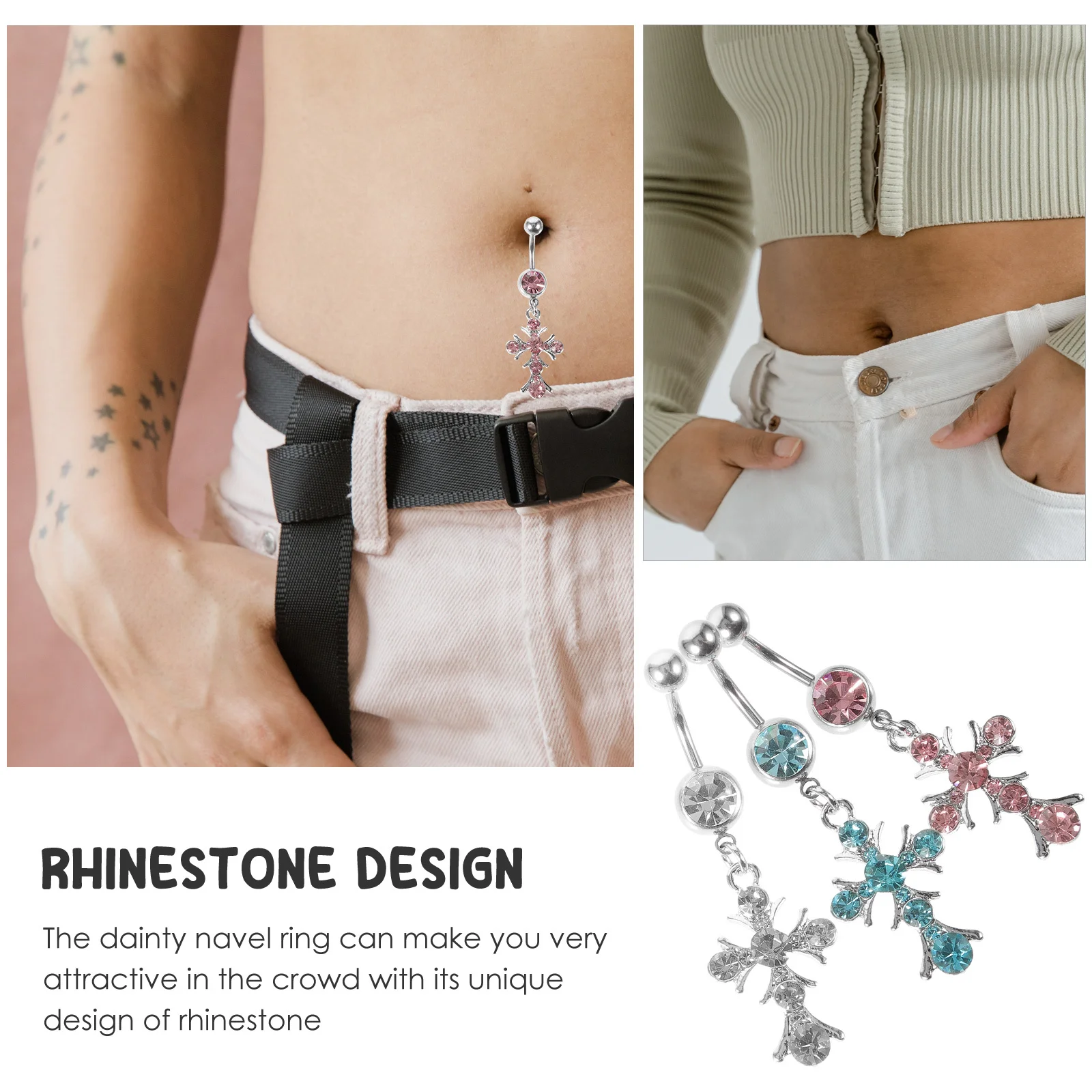 

3Pcs Fashion Rhinestone Belly Ring Cross Shape Navel Piercing Jewelry Women's Dangle for Night Party Look