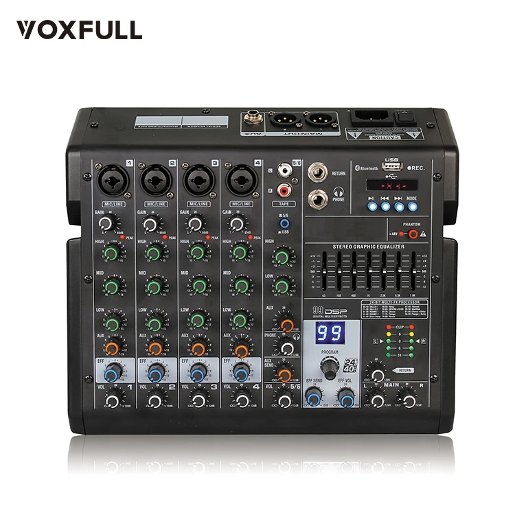 Mixer de áudio portátil com gravação e função Bluetooth, 6 canais, MP3 Player, 48V Phantom Power Supply, preto