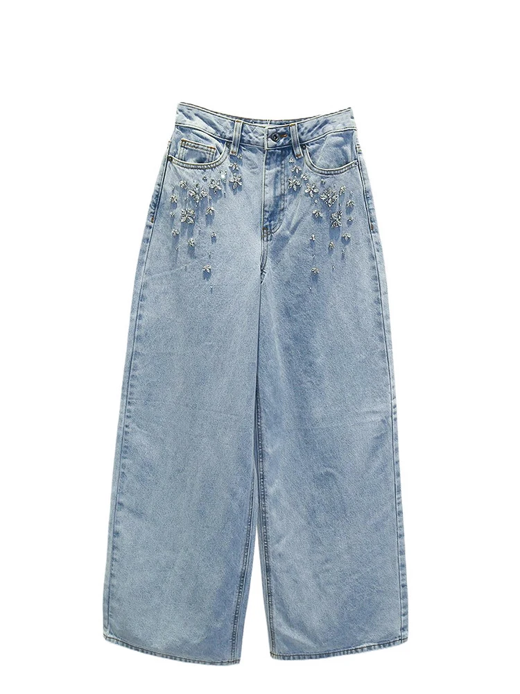 Oein-pantalones vaqueros lavados para mujer, Jeans versátiles de cintura alta, pierna ancha, diseño con tachuelas de diamante, Primavera, 2024