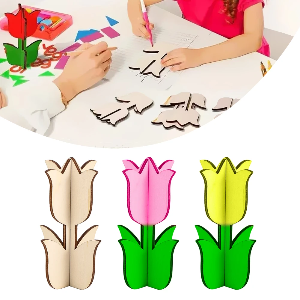 

5PCS Wooden Tulip Flower Craft DIY Assembly Decoration Natural Wood Ornaments Creative Handmade Toy for Home Desk Gift Set