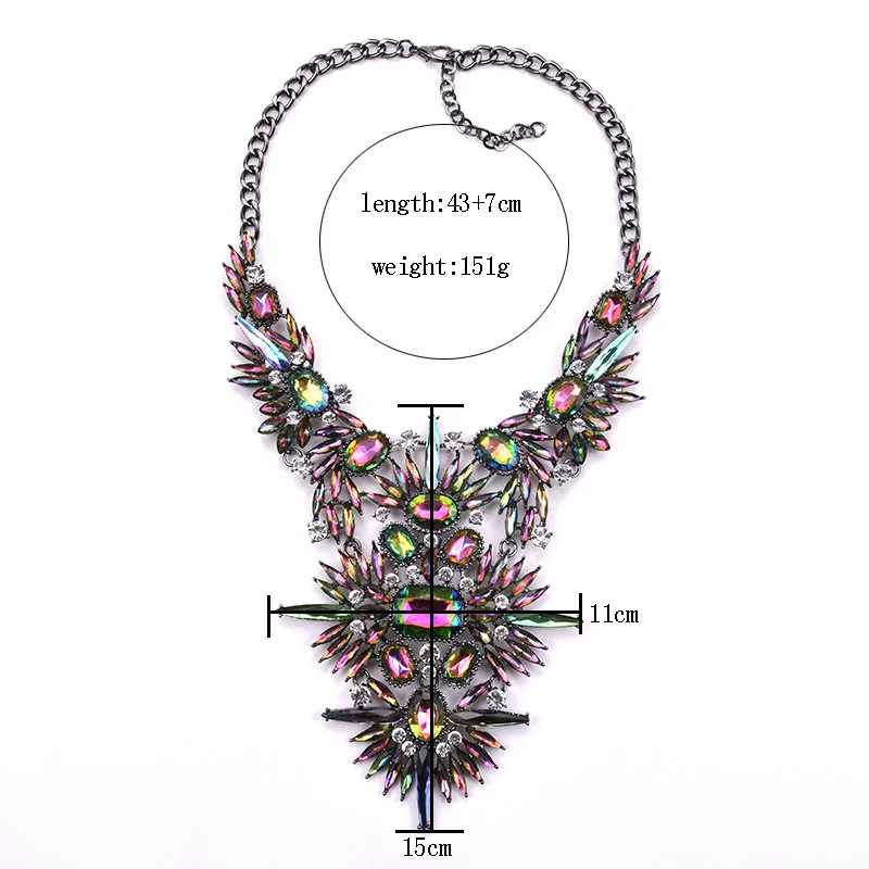 Luxury Jewellery Wholesale Bohemian Vintage Sexy Rainbow Colorful Crystal Rhinestone Chunky Bib Big Statement Necklace for Women