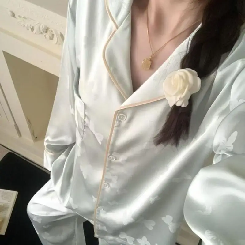 

Kawaii весенне-осенние брюки из ледяного шелка с длинными рукавами, корейское издание, комплект домашней одежды с милым рисунком для девочек и бантом, новый стиль