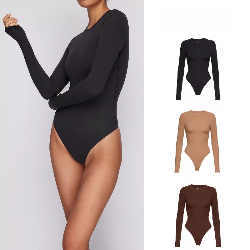 

Kardashian Shaping Bodysuit round Neck Long Sleeve Slim Fit T-Shirt Top for Women High Waist Short Pants Polyester ...