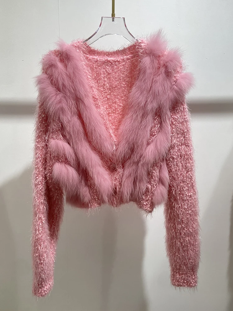 2024 New Arrival Women Autumn Girl's Pink Real Fox Fur Knitting Slim Spring Lady's Fashion Luxury Short Sweater Coat