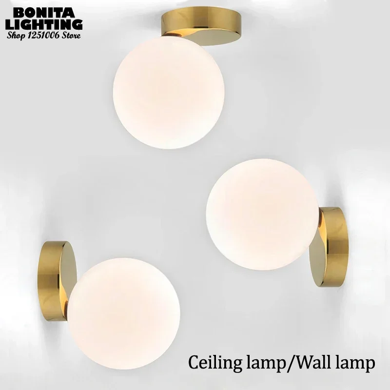 White Glass Ball Ceilng Light Position Offset Minimalism Luxury Hallway Foyer Balcony Geometric Collision Copper Ceiling Lamp