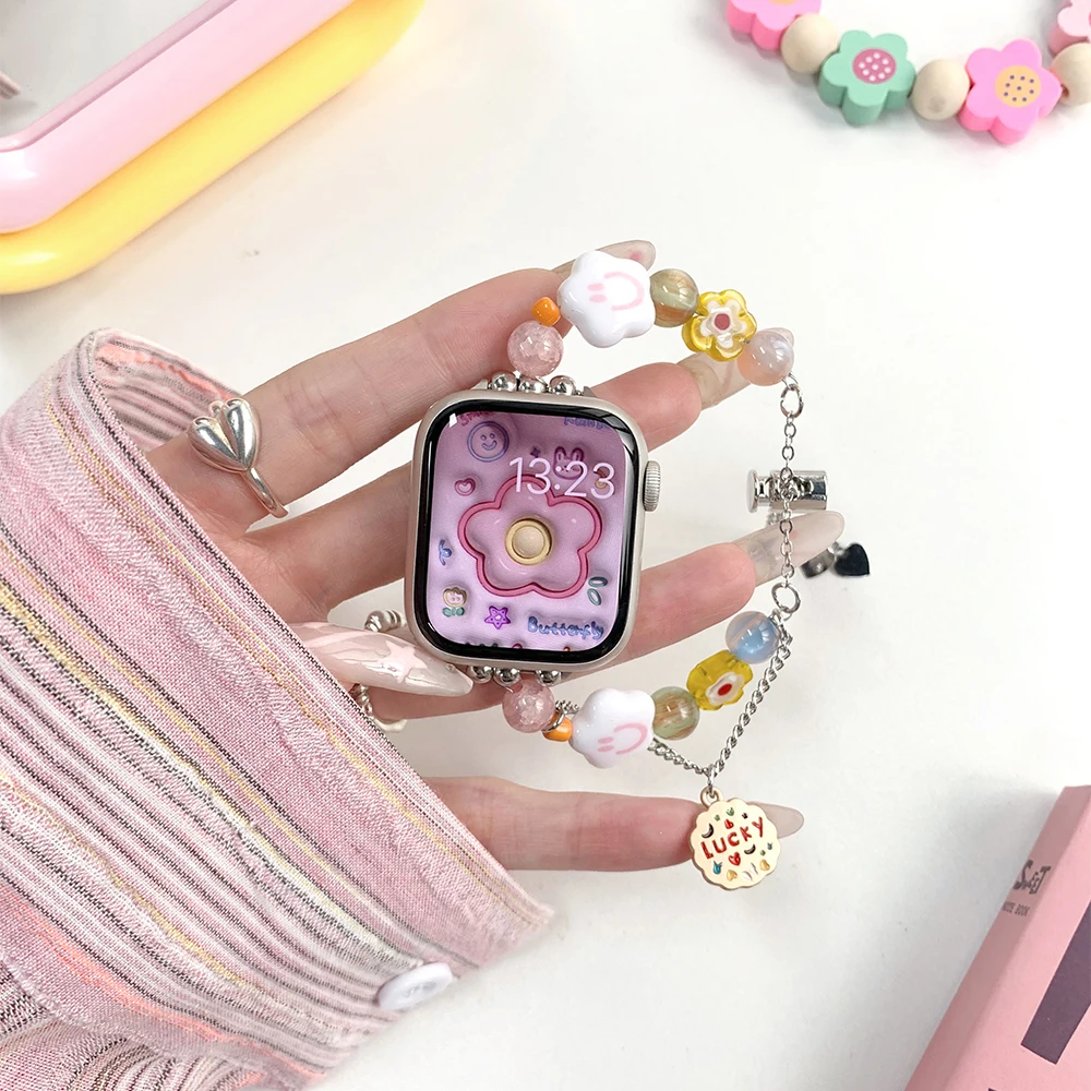 Cute Women Strap for Apple Watch Band 40mm 41mm 44mm 45mm 42mm 49mm Resin Beads Bracelet for Iwatch 8 7 6 5 4 Se 3 Ultra Correa