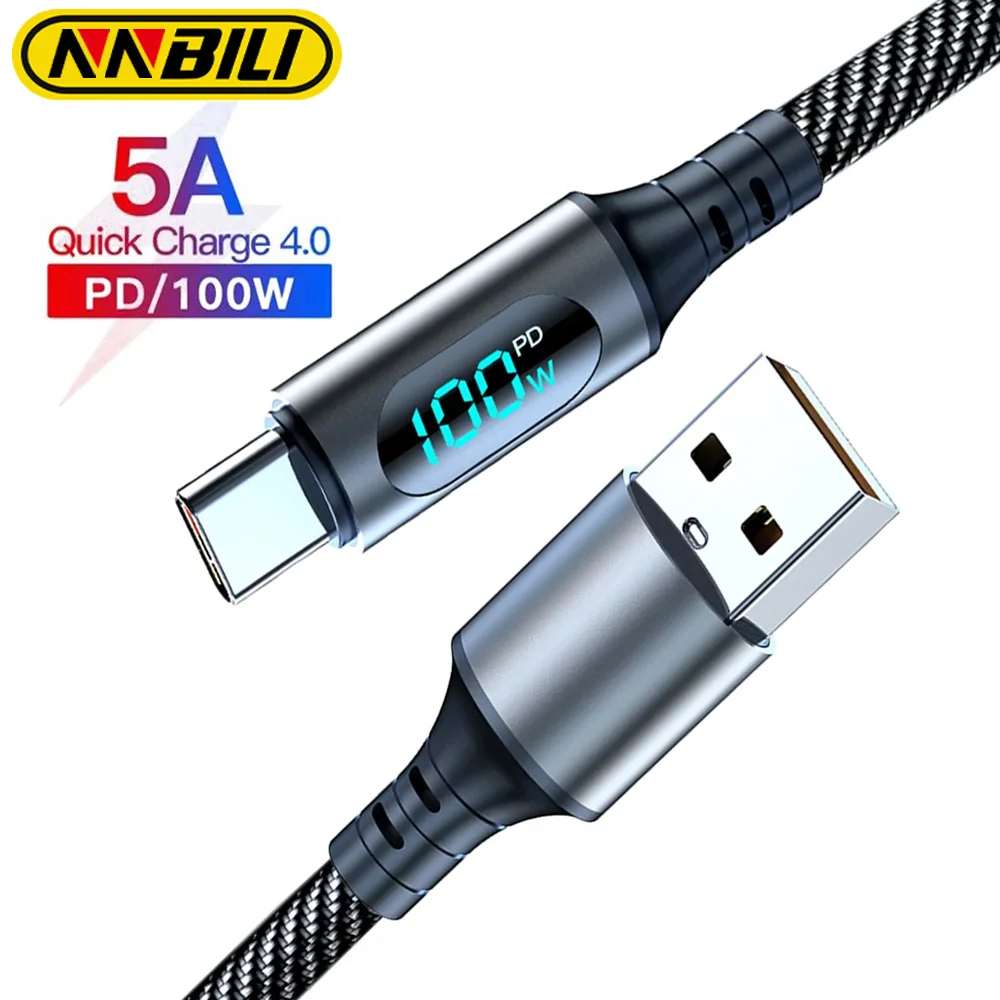 NNBILI 100W USB Type C Cable For Huawei Honor Xiaomi Samsung Super Charge Fast Charging USB C Charger Data Cable Wire Cord 1m 2m