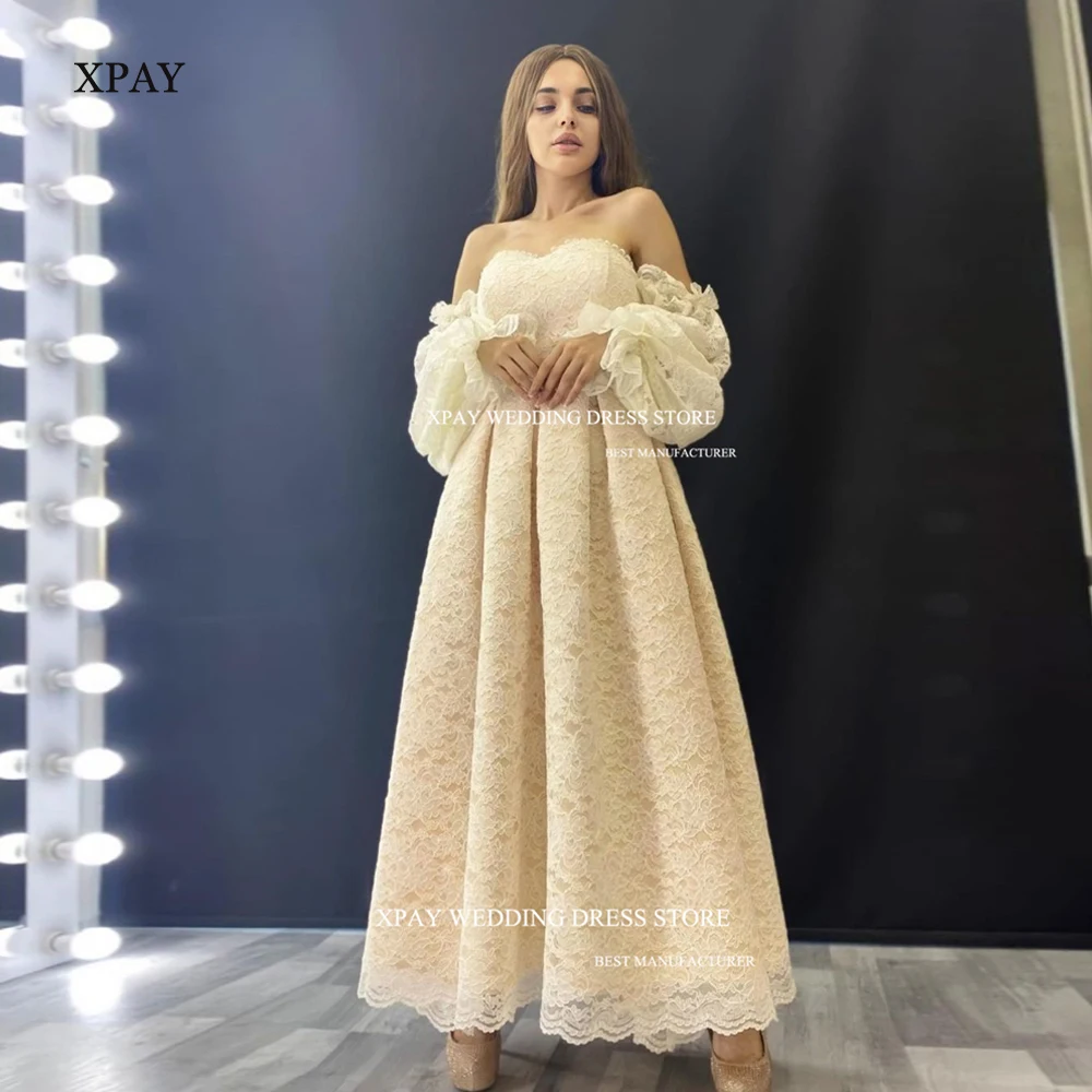 

XPAY Sexy Lace Long Puff Sleeves Prom Dress Strapless Ankle-Length Dubai Arabia Women Evening Gowns Cocktail Party Dress