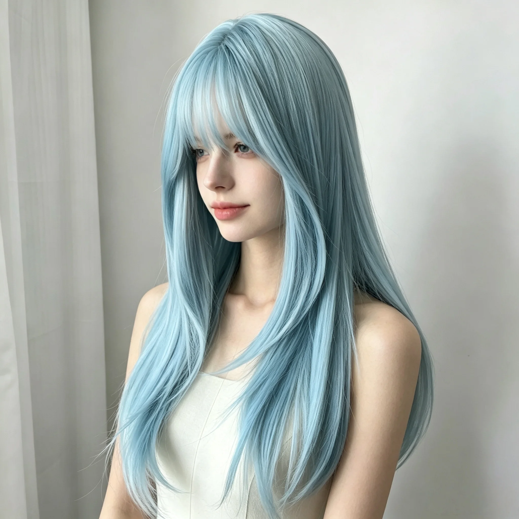 Ice Blue Wig with Bangs 24inch Middle Straight Hair Wig Lolita Nature Looking Headband Heat Resistant Fibers Synthetic Wigs 가발