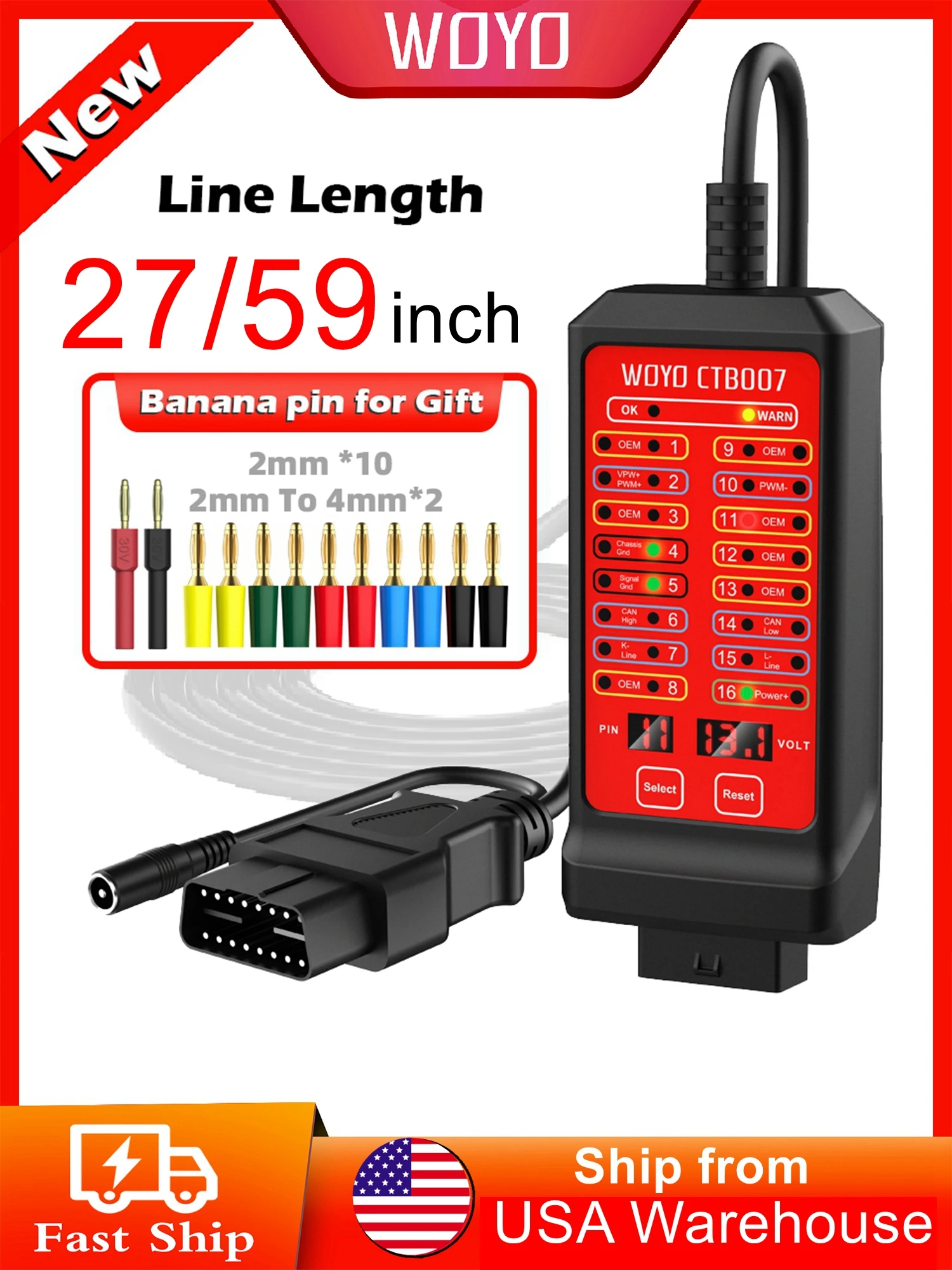 12V-24V OBD 2 Breakout Box with Power Plug & 27inch Extension Cable, Automotive Diagnostic Tool, Digital 16 Pin VPP Voltage