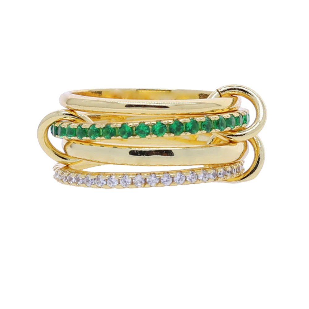 New Iced Out Stacking Multi Ring Spinelli Gold Color 4 Link Green Zircon Connect Band Finger Rings For Women Fashion Jewelry