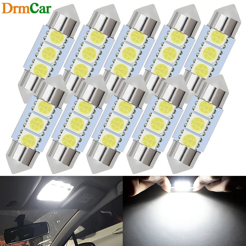 

1/2/4/10pc Car Led Bulb C5W C10w 3SMD 5050 31/36/39/41mm License Plate Trunk Lamp Festoon Interior Dome Door Reading Light White