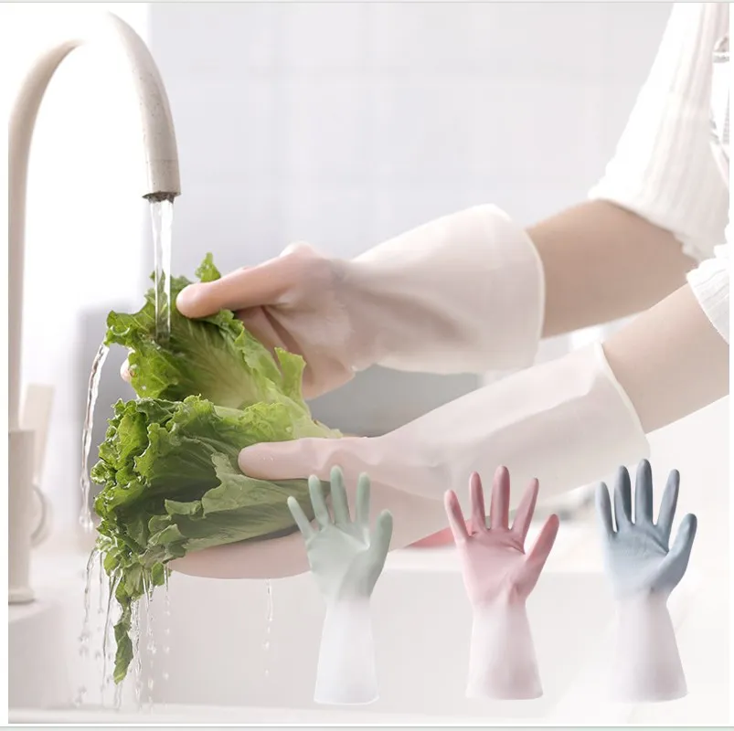 xgnvpy Laundry waterproof plastic household dishwashing gloves gradient white thickened two-color gloves