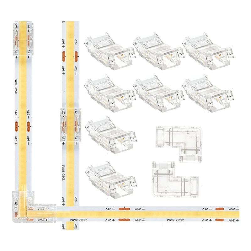 Gapless 8Mm 2 Pin COB LED Strip Connector 8 Pack And L Shape 2 Pin 8Mm Cob LED Corner 2 Pack Kit For 8Mm Cob LED Strip Light