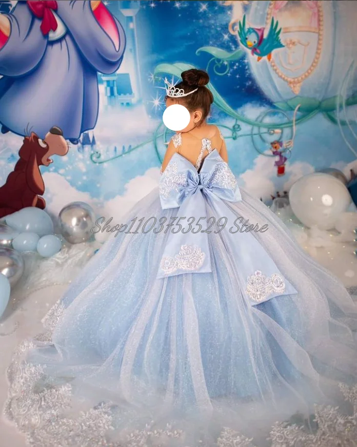 Dreamy Sky Blue Elegant Flower Girl Dresses Delicate Applique Oversized Bow Decoration Tulle Pleated Poncho Mini Quinceanera