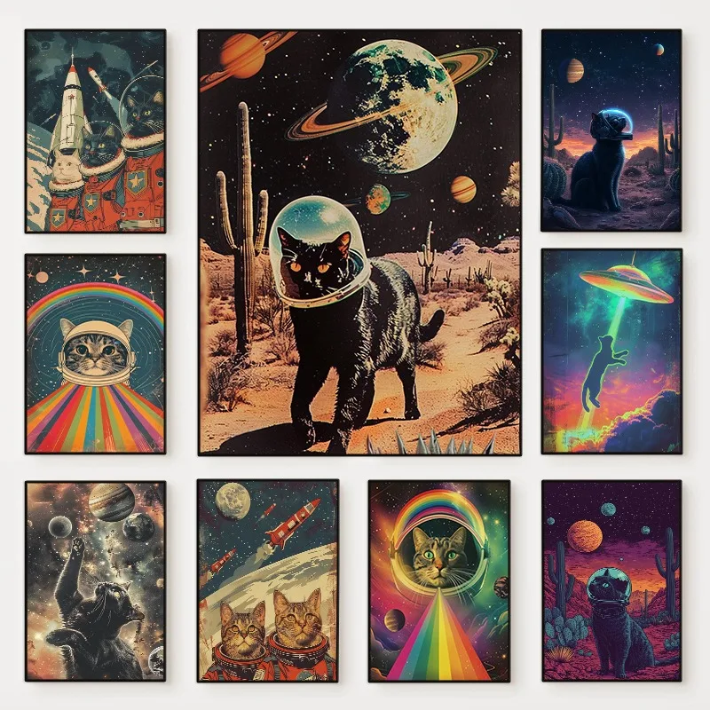 Vintage Space Astronaut Cats Poster Surrealism Vaporwave Retro Futuristic Funny Animal Canvas Painting Wall Art Room Home Decor