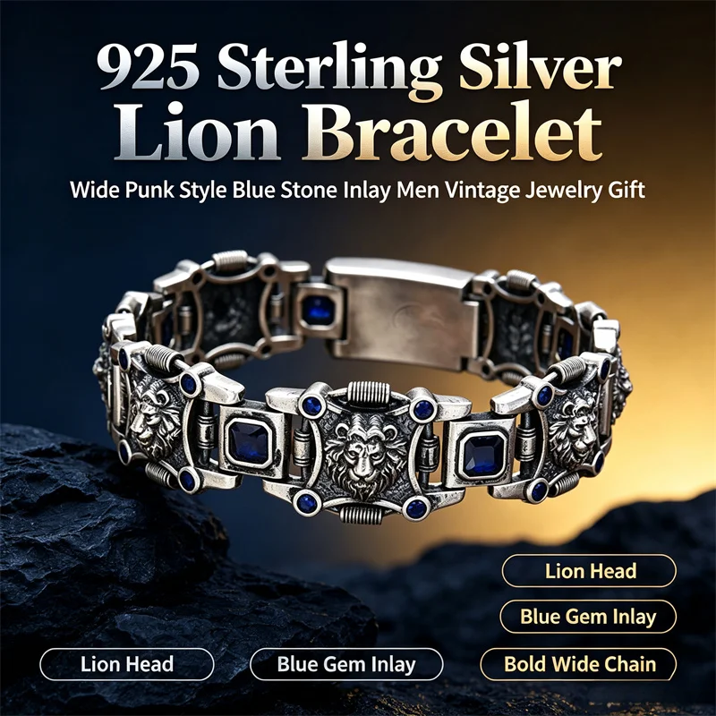 OUYADI Retro Wide 925 Sterling Silver Lion Bracelet Inlaid Blue Gems Domineering Punk Men Daily Wear Bracelet