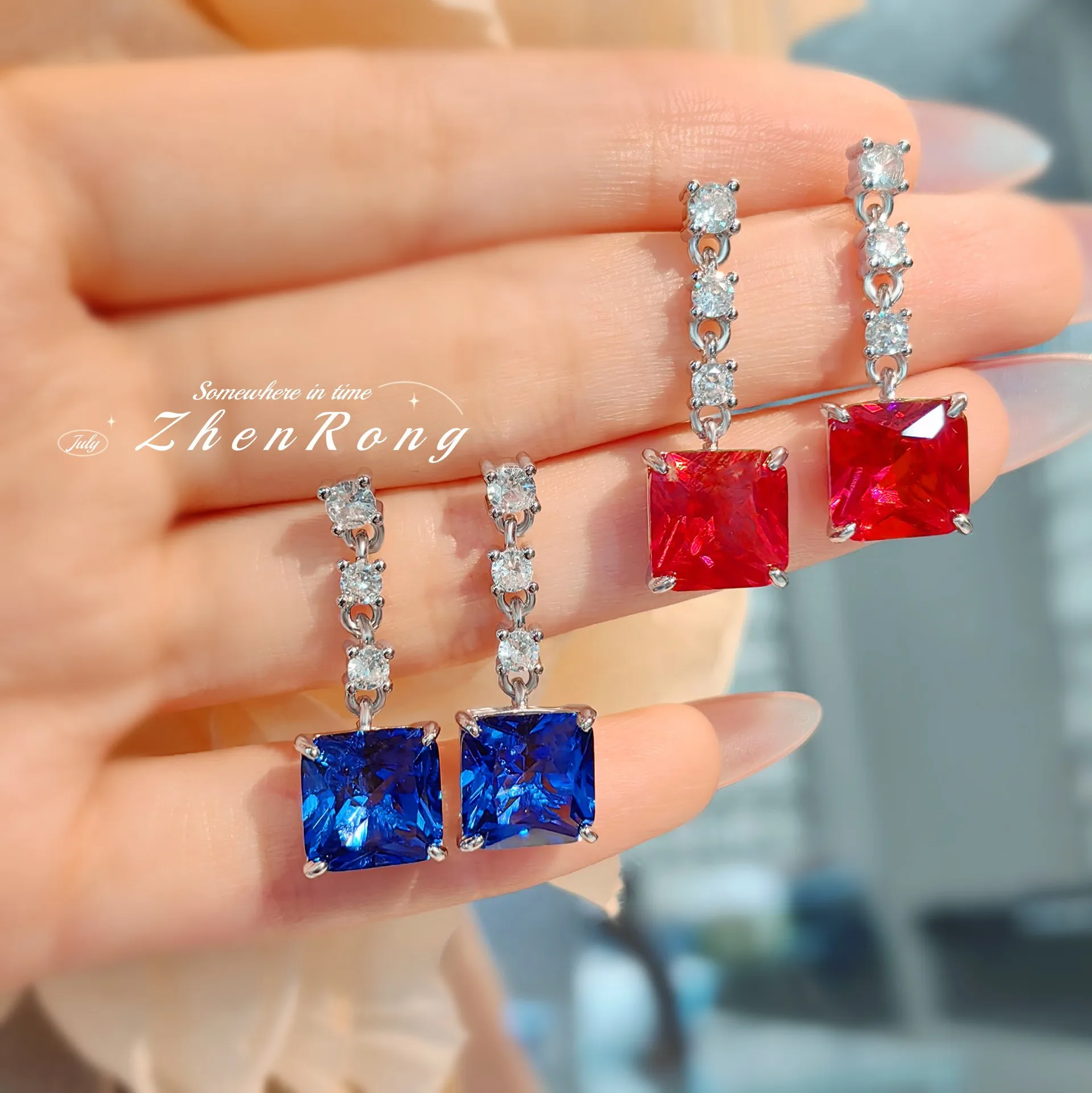 Foydjew Exquisite Luxury Long Style Design Princess Square Cut Blue Cobalt Spinel/Red Corundum Drop Earrings For Women