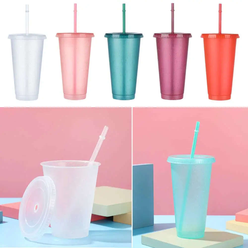 

710ml Reusable Flash Powder Tumbler Coffee Cup Mug With Lid With Straw Cup DIY Plastic Water Bottle Outdoor Swim Party Gift