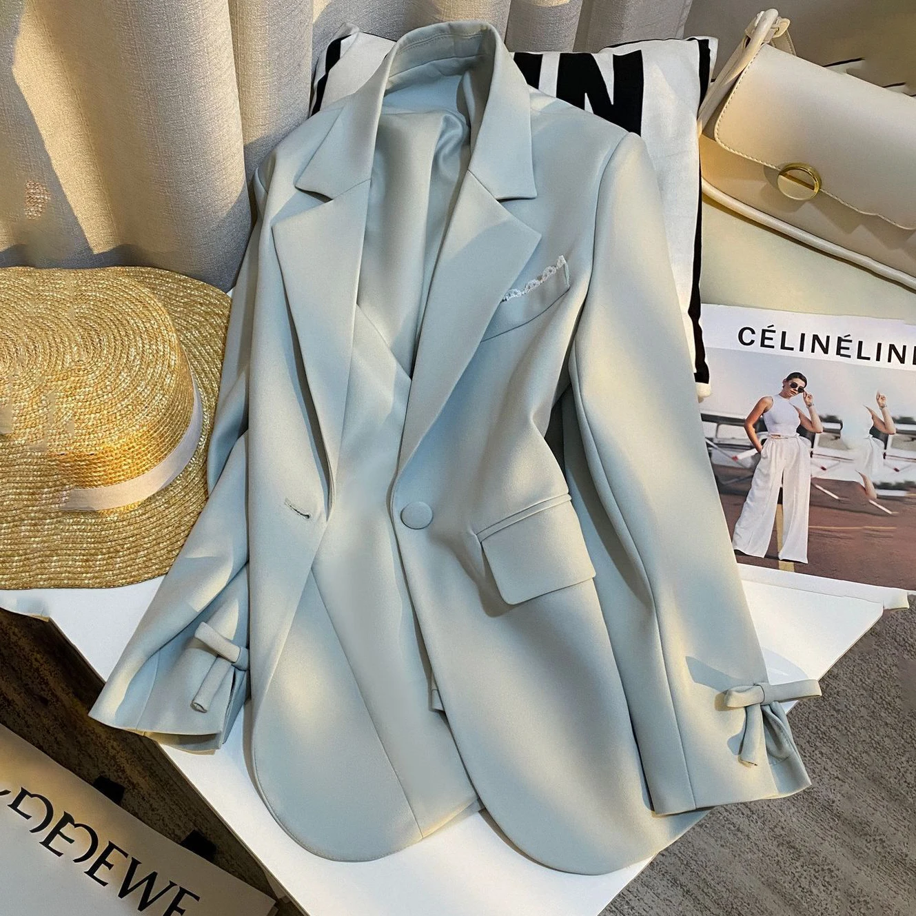 Single‑Button Blazer Jacket Women Bow Decor Notched Lapel Casual Office Suit Coat Lace Pocket Loose Elegant Business Outerwear