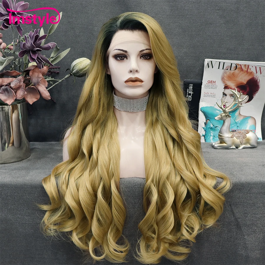 

Imstyle Ombre Blonde Wig Long Synthetic Lace Front Wig Bady Wave Wigs For Women Heat Resistant Fiber Cosplay Wig