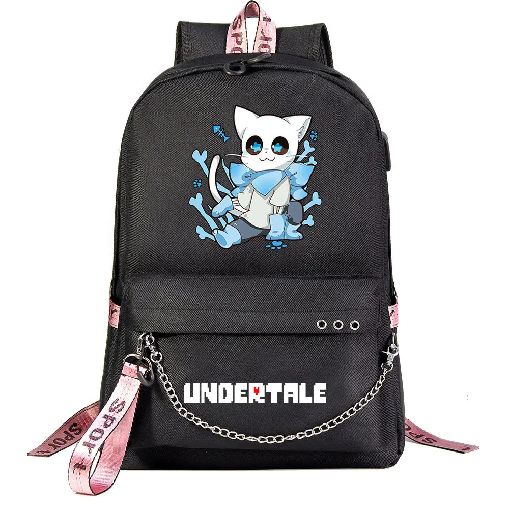 

Undertale Skull Anime USB Port Backpack School Student Book Bags Mochila Travel Laptop Chain Headphone