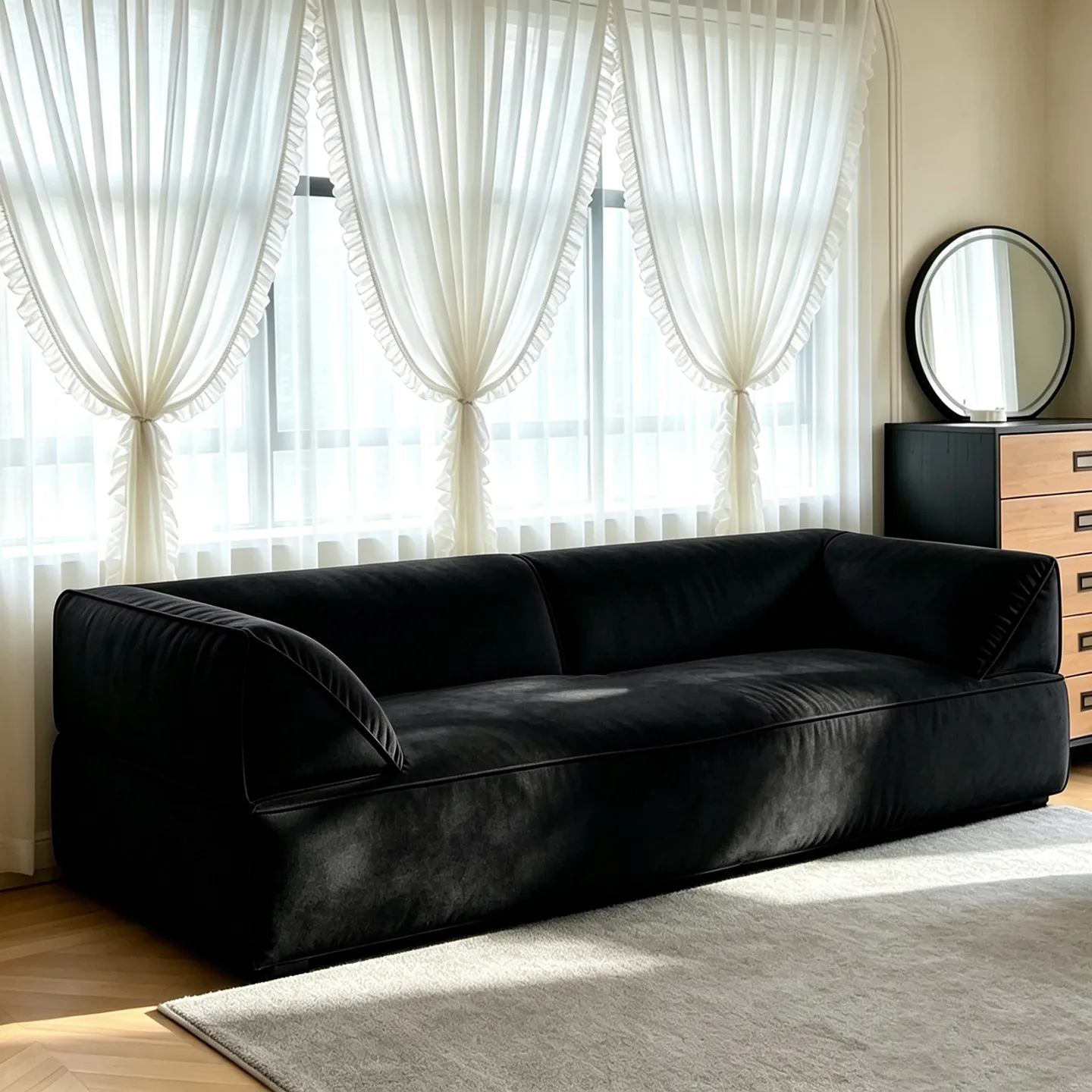 DSA home simple cream style sofa living room straight row full sponge fabric sofa