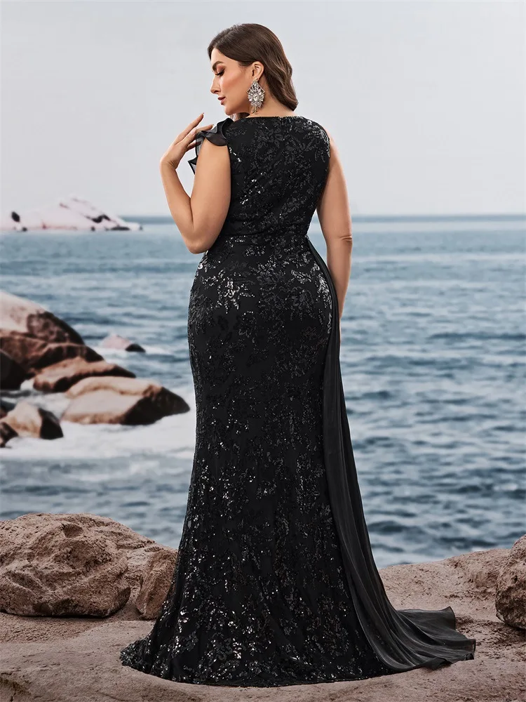 Middle East European and American plus Size Elegant Sequin Stitching Fit Ruffle Cocktail Party Dinner Dress Mom Dress