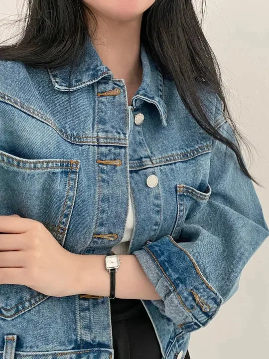 

Loose Fit ort Denim Jaet Women's Casual Long Sve Vintage Workwear Button Ba Design Slimming Leisure Coat