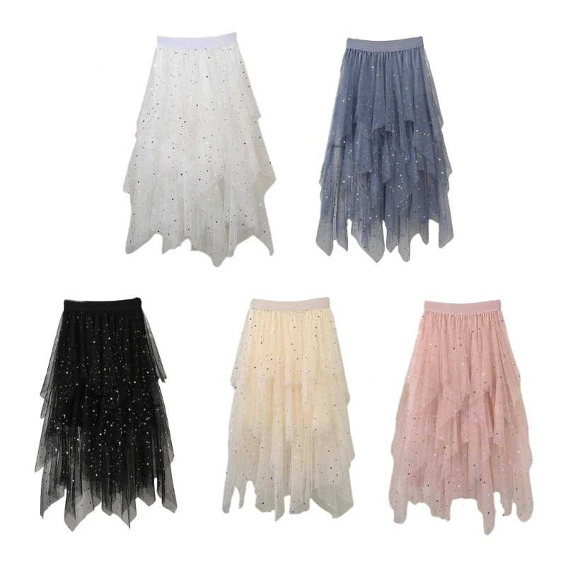 

Women Star Sequins Midi Length Elastic Waist Layered Mesh Tulle A-Line Skirts Dropshipping