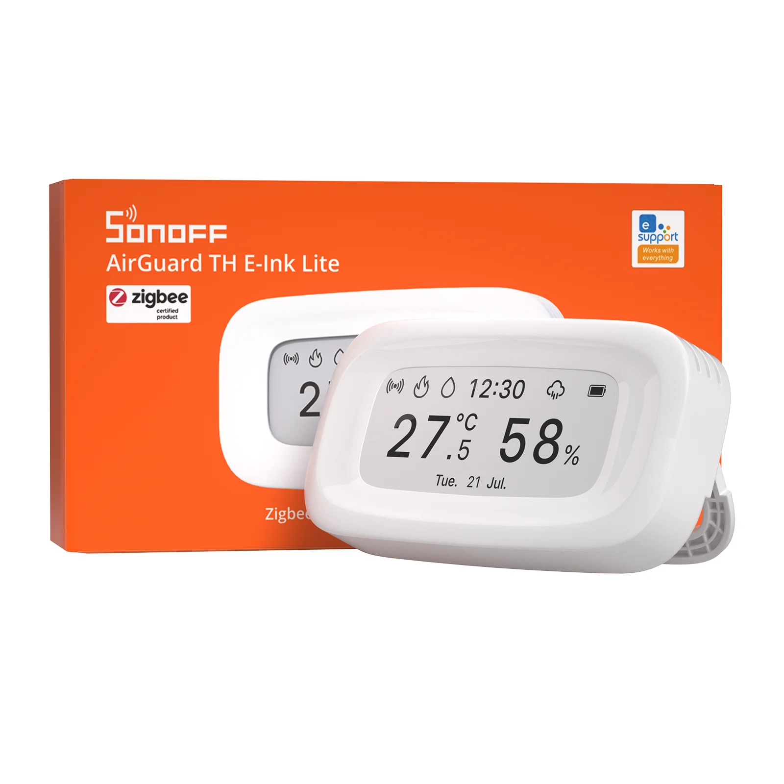 SONOFF E-Ink Zigbee – czujnik temperatury i wilgotności z ekranem 2,9 cala, technologia AirGuard, model SNZB-02UL. Wyświetla godzinę, datę i informacje o pogodzie. Współpracuje z Alexa i Google. — 2