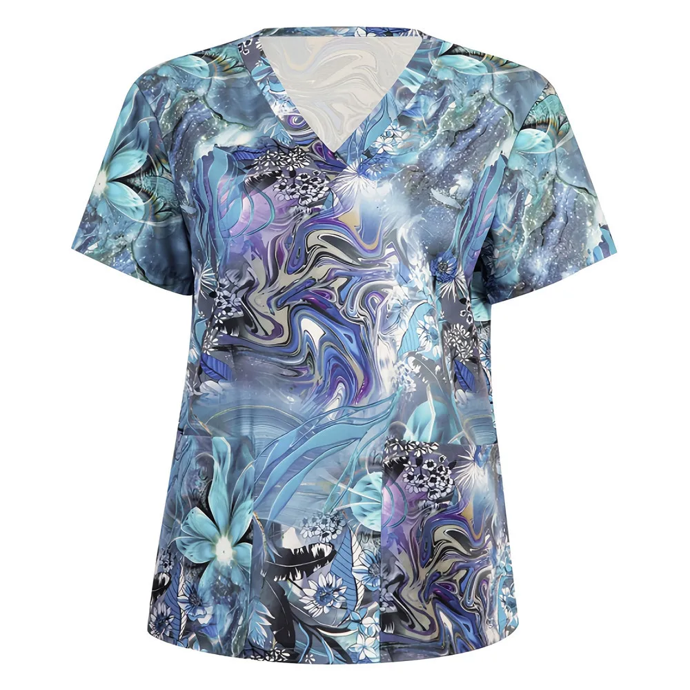

Floral 3D Print V-neck Short Sleeve Women's Short Sleeve With Pockets Top Working Clothes Women's Pet Grooming Nurse Uniforms