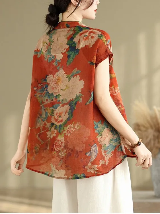 

Retro New Chinese Sle Loose Summer irt Women's ort Sve Button Flower Patterned Top Slimming ort Coat Vest Top