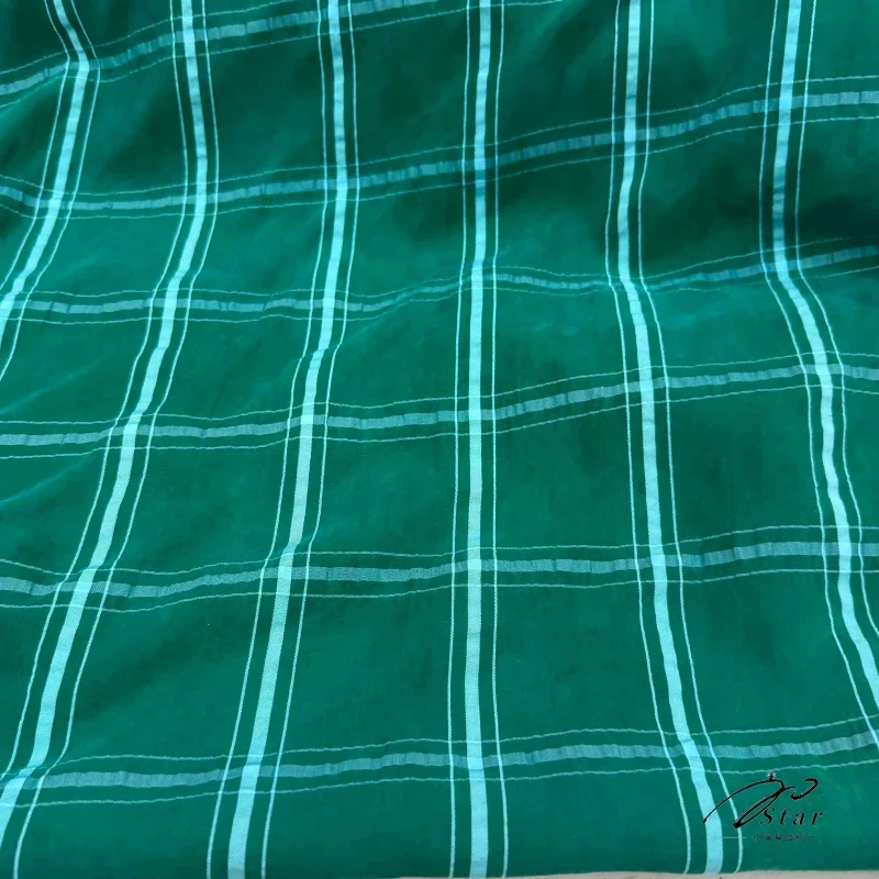Dark Green Plaid Check Crinkled Sandwashed Lyocell Fabric Women Summer Daily Casual Vintage Dress Shirt Pants Skirt Wear Fabric
