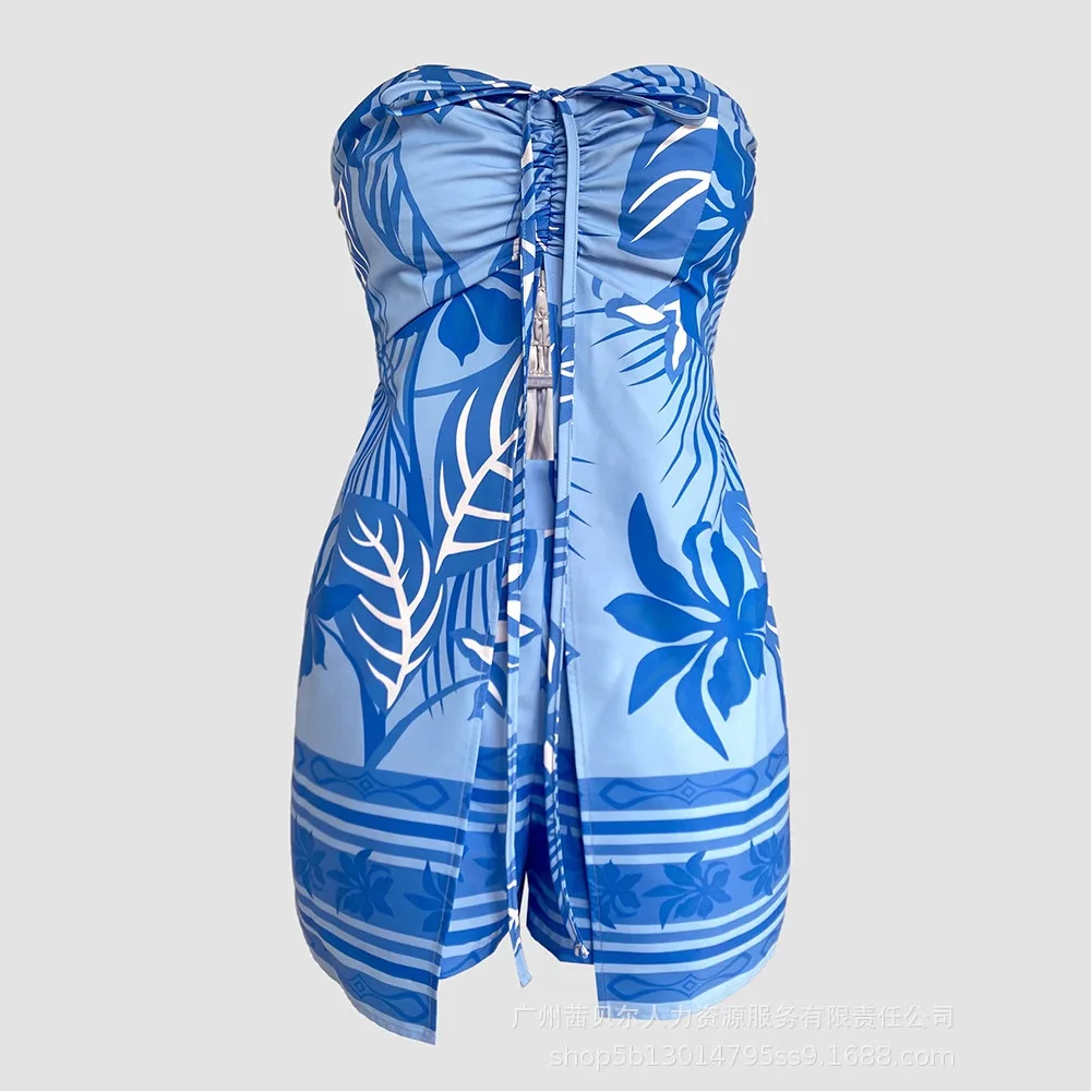 女性 2 ピース植物プリントレースアップスリットチューブトップとカジュアルショーツセット花柄フラワープリント