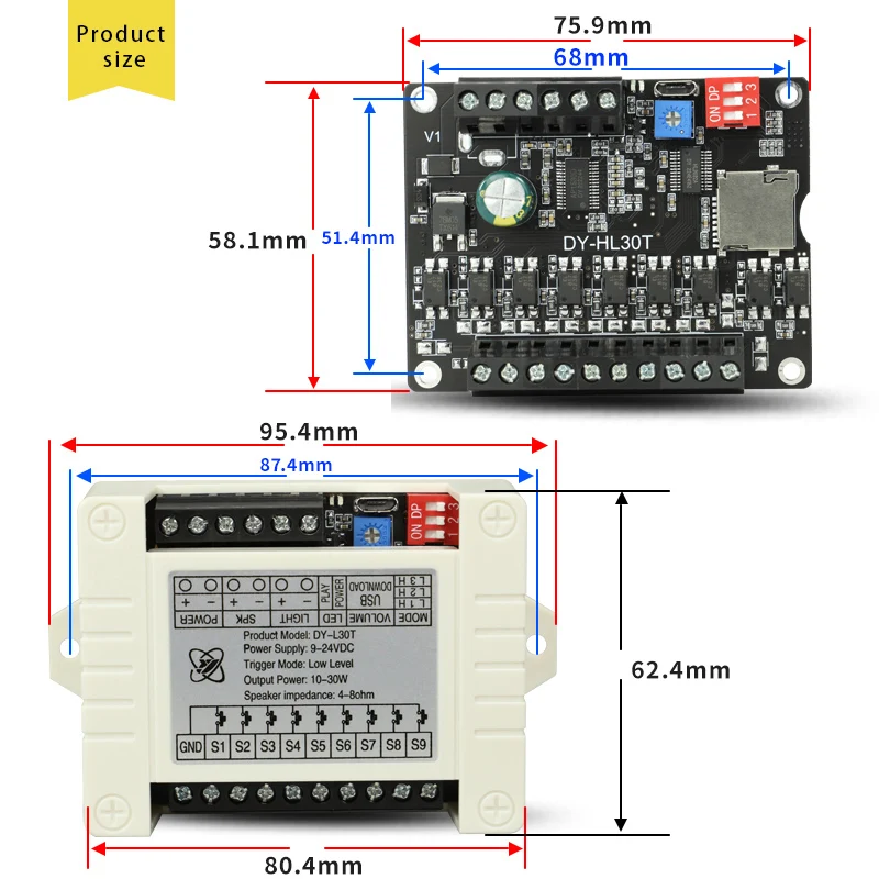 Módulo de Audio con Sensor de transmisión de voz, DY-HL30T de 30W de potencia, bajo nivel alto, activada, reproducción MP3, tarjeta TF, disco U con carcasa