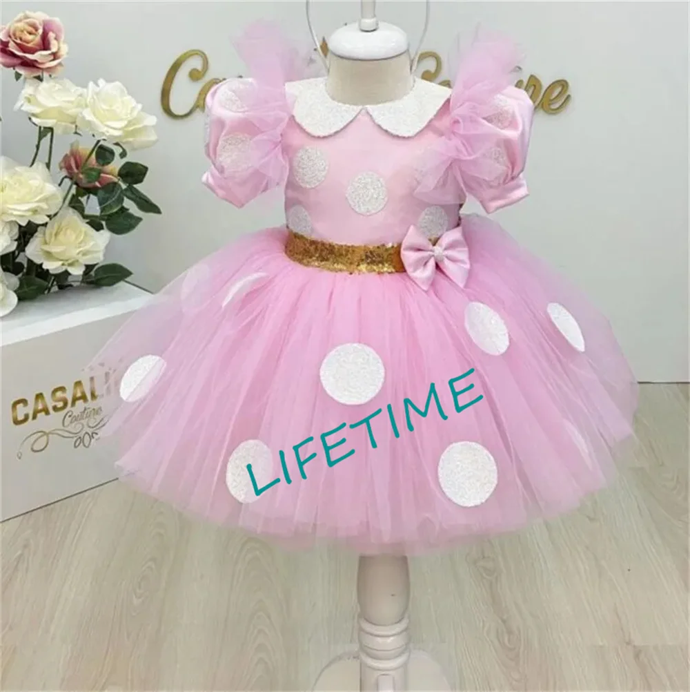 

Princess Flower Girl Dress For Wedding Pink Knee Length With Big Gold Sequin Bow Wedding Party Dress Kids Puffy Ball Gown