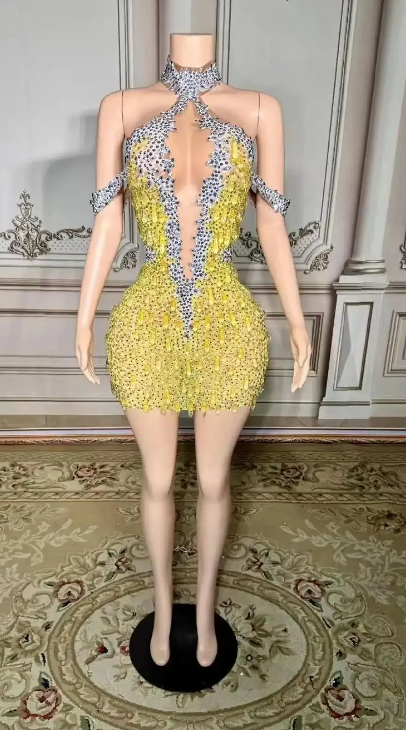 

ZD Mesh Transparent Prom Mini Dress Shinny Women Birthday Celebrate Party STOCK Sparkly Rhinestones Show Stage Wear